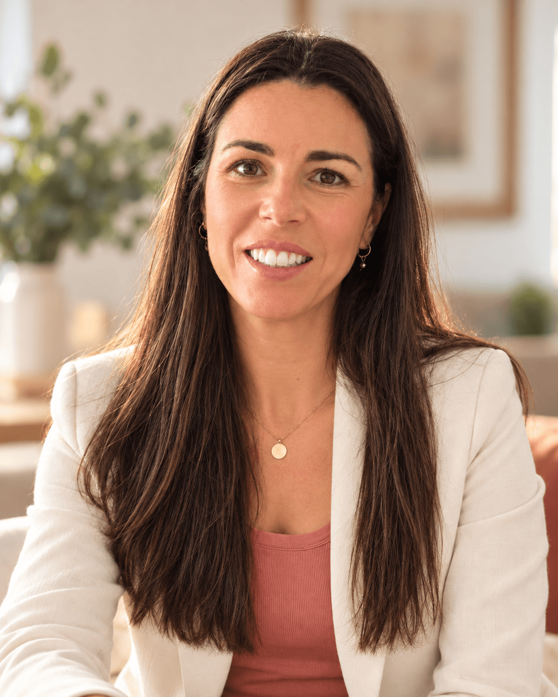 Retrato de Marta Reyes Ojeda sonriendo, con el fondo desenfocado en tonos cálidos.